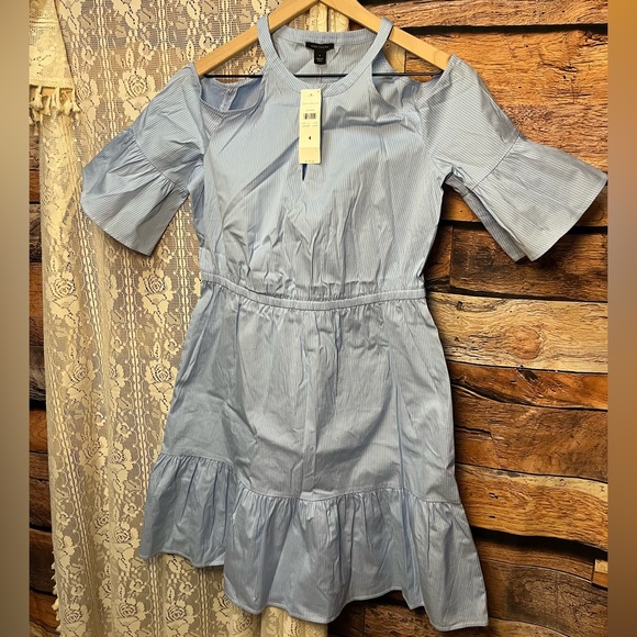 Ann Taylor Blue and White Pin Stripe Cold Shoulder Ruffle Dress (102) - Picture 2 of 9